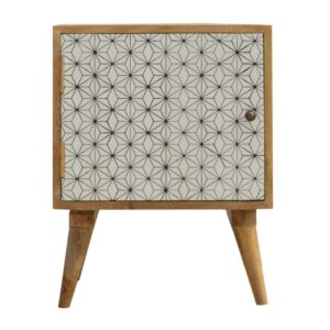 Solid Mango Wood Oak Finished Geometric Screen Printed Prima 1 Door Bedside
