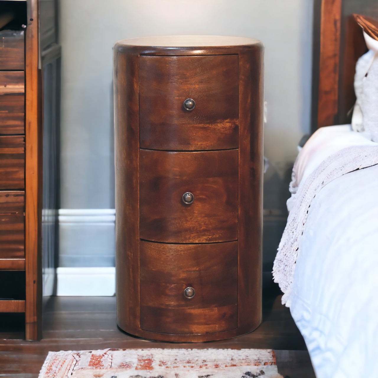 Solid Mango Wood Chestnut Finished 3 Drawer Drum Chest
