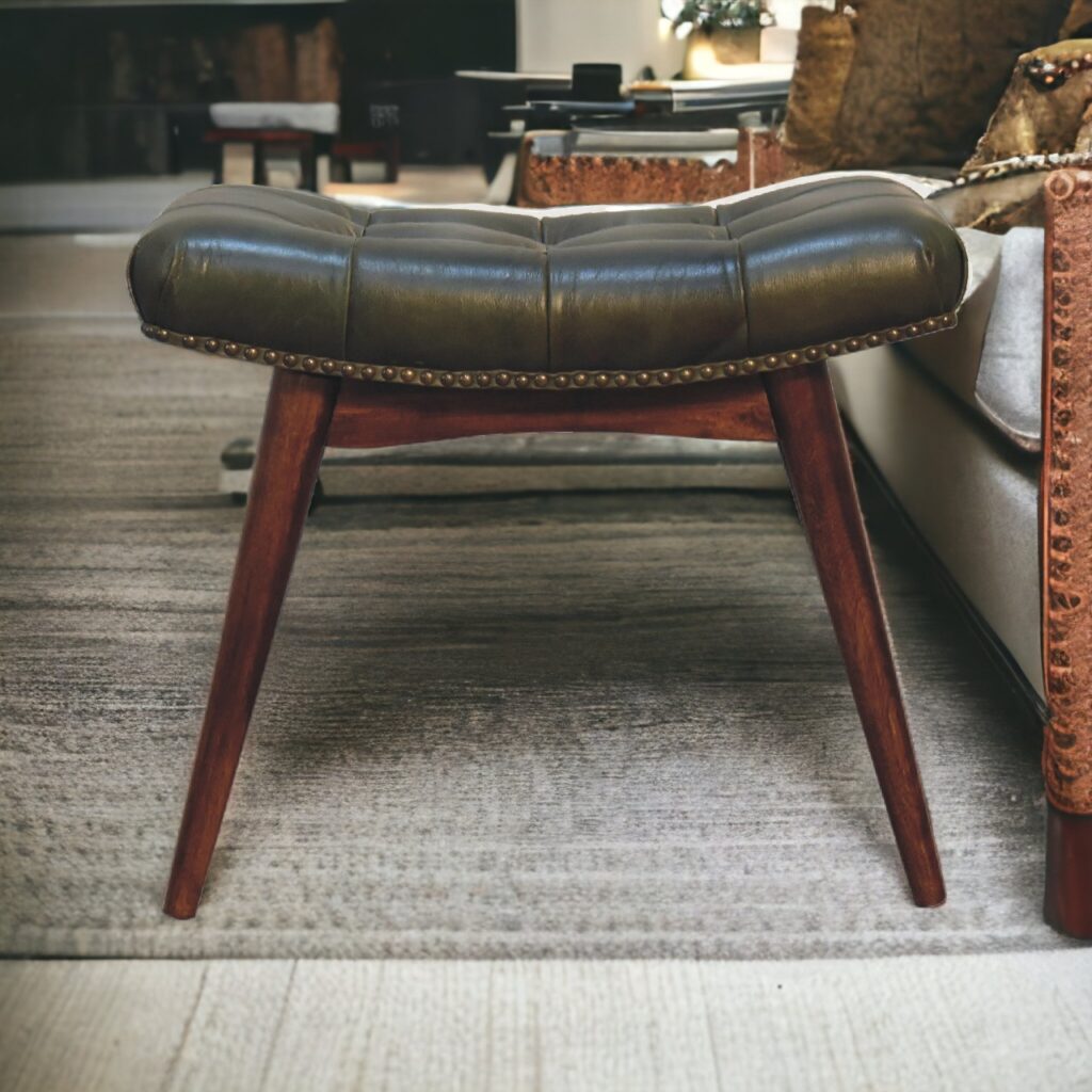 Solid Mango Wood Solid Chestnut Finished Harbour Green Footstool with Studs