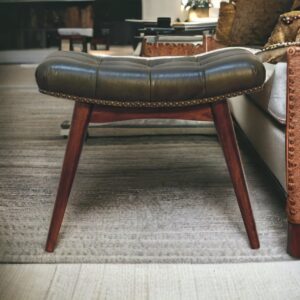 Solid Mango Wood Solid Chestnut Finished Harbour Green Footstool with Studs