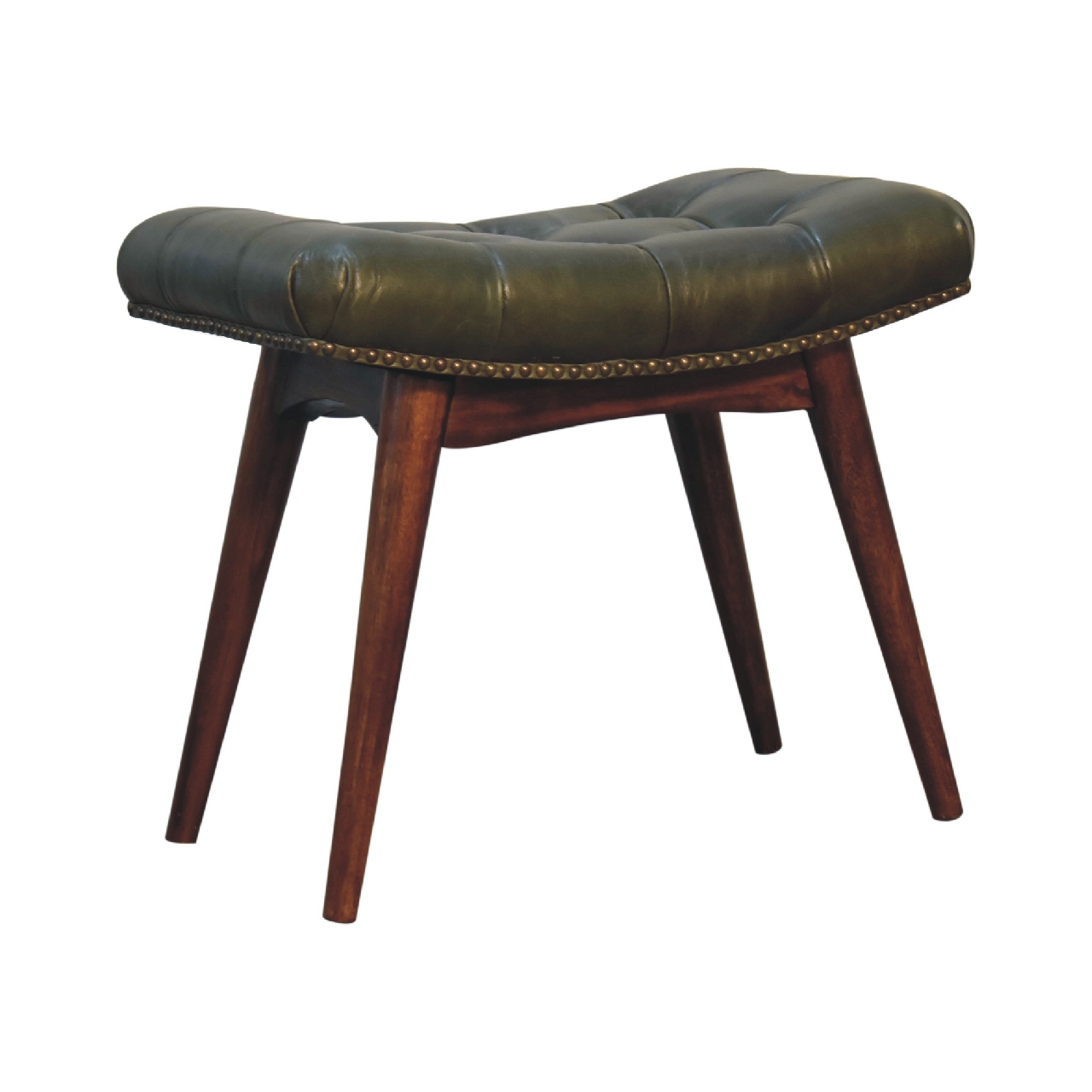 Solid Mango Wood Solid Chestnut Finished Harbour Green Footstool with Studs - Image 2