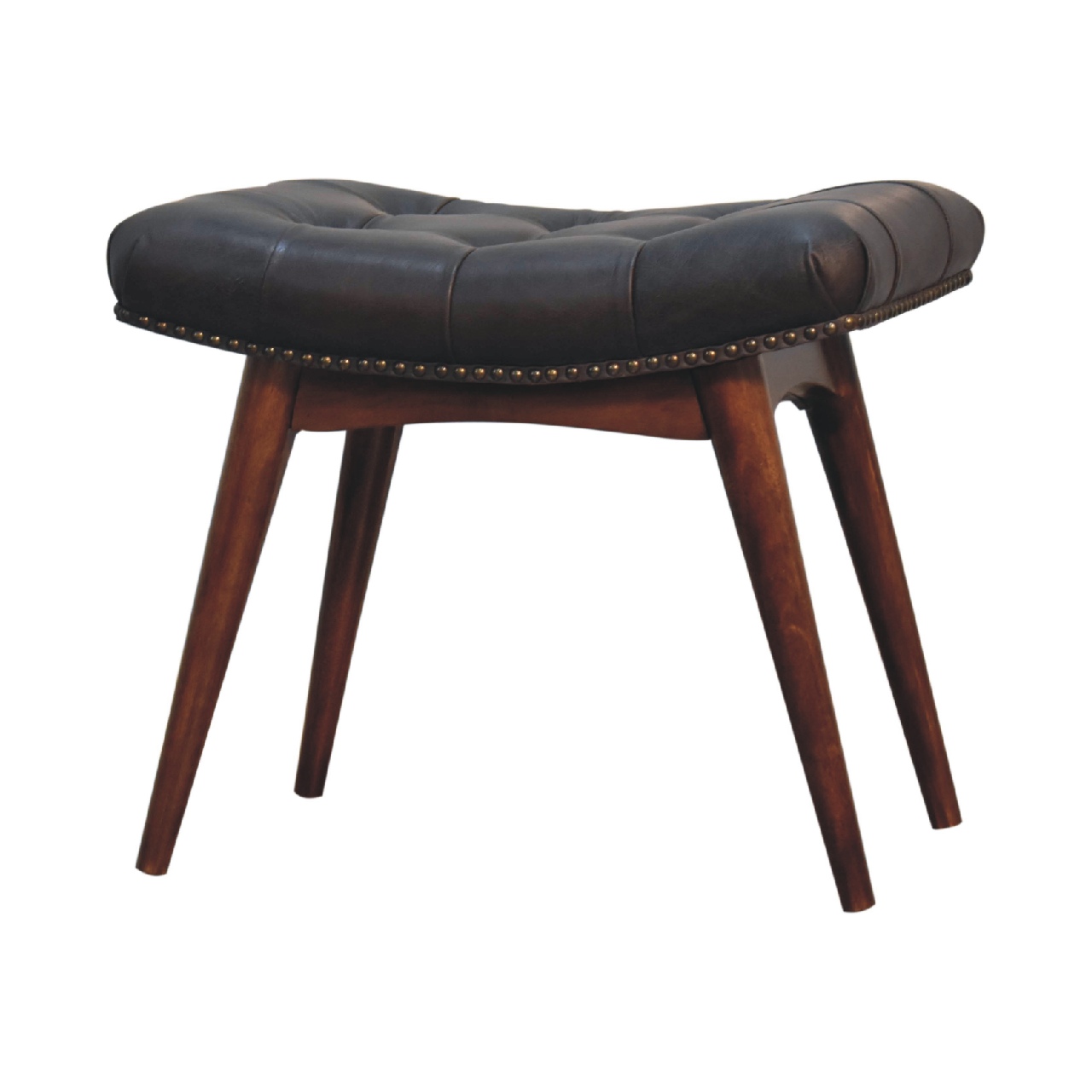 Solid Mango Wood Solid Chestnut Finished Harbour Green Footstool with Studs - Image 3