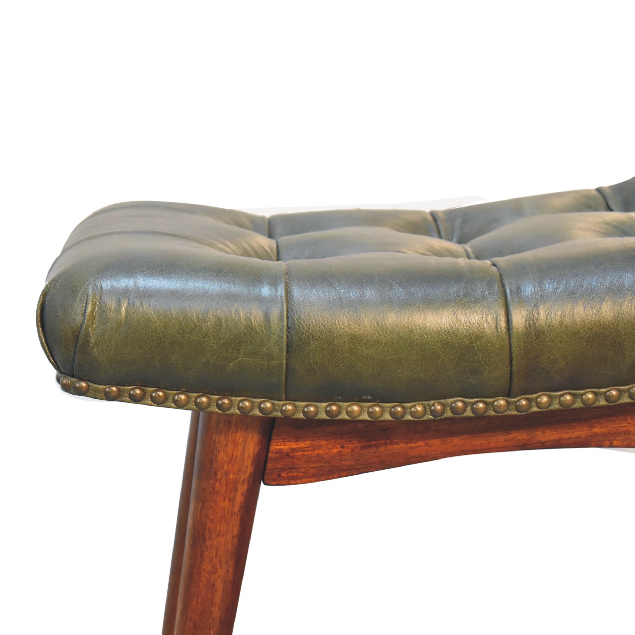 Solid Mango Wood Solid Chestnut Finished Harbour Green Footstool with Studs - Image 4