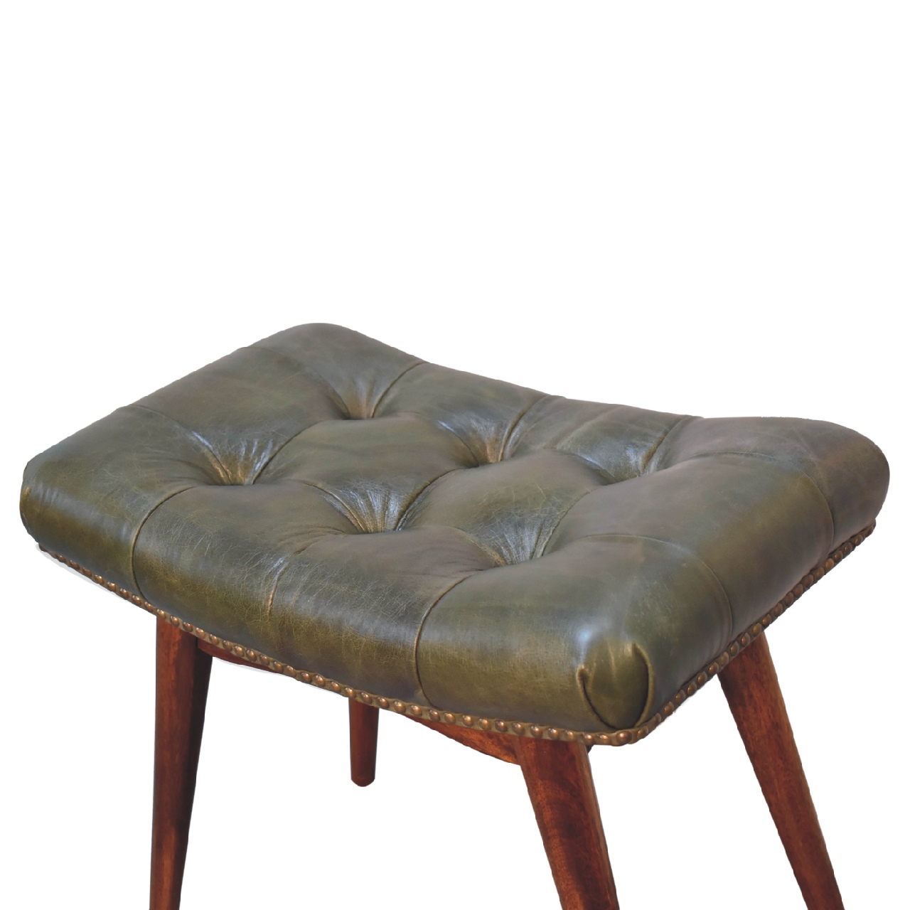 Solid Mango Wood Solid Chestnut Finished Harbour Green Footstool with Studs - Image 5