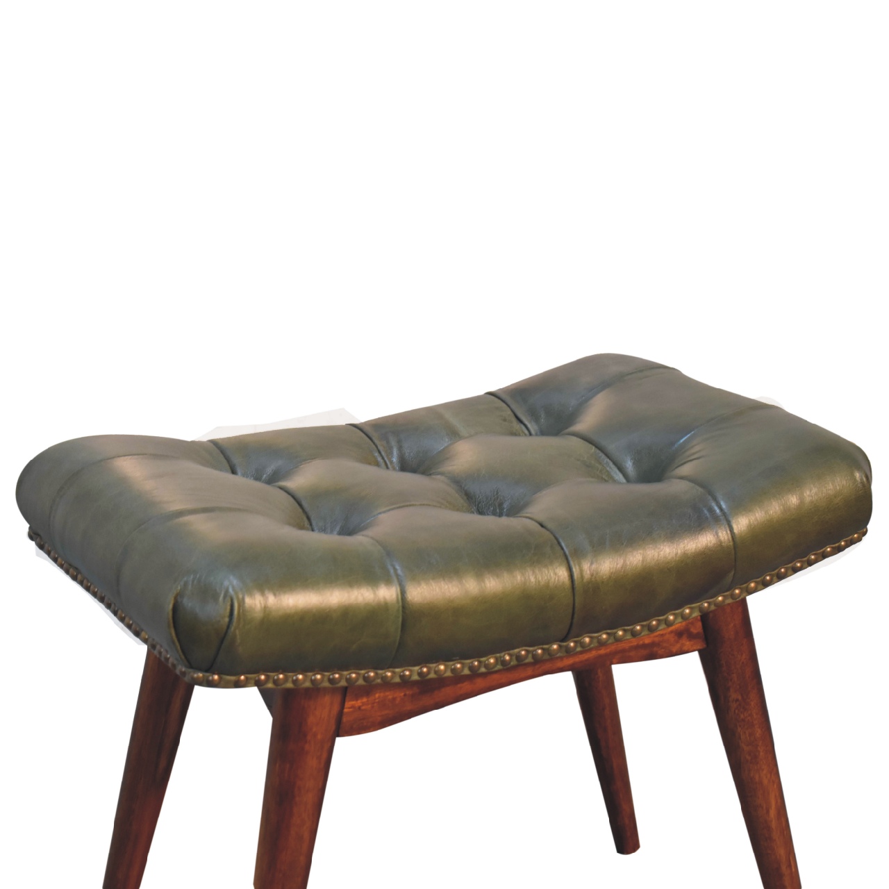 Solid Mango Wood Solid Chestnut Finished Harbour Green Footstool with Studs - Image 6