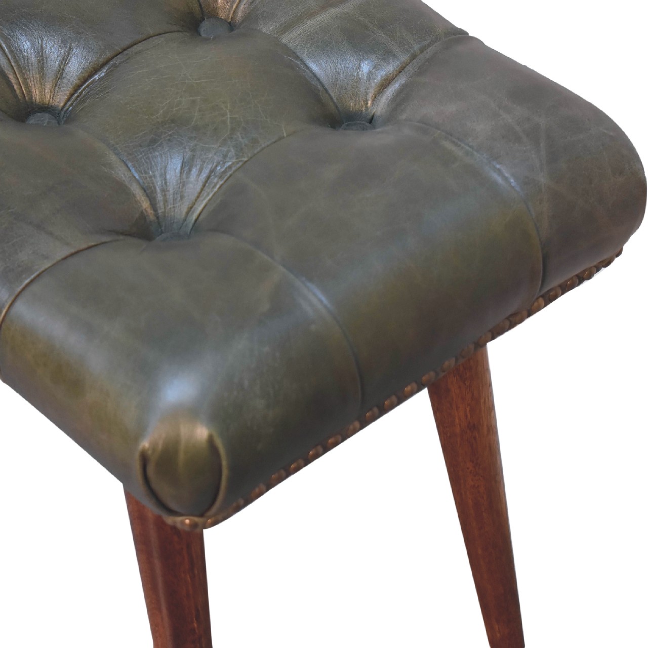 Solid Mango Wood Solid Chestnut Finished Harbour Green Footstool with Studs - Image 7