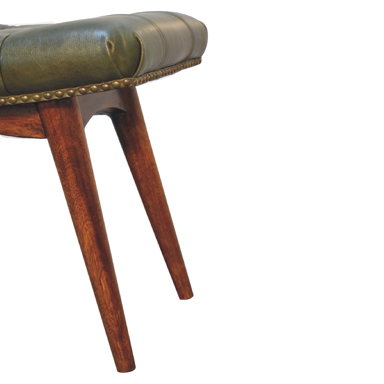 Solid Mango Wood Solid Chestnut Finished Harbour Green Footstool with Studs - Image 8