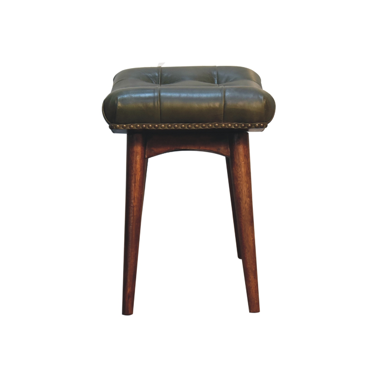 Solid Mango Wood Solid Chestnut Finished Harbour Green Footstool with Studs - Image 9