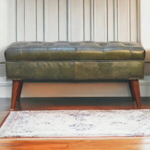 Solid Mango Wood Solid Chestnut Finished Olive Green Leather Stool with Studs