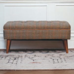 Solid Mango Wood Chestnut Finished Multi Tweed Piped Upholstered Bench