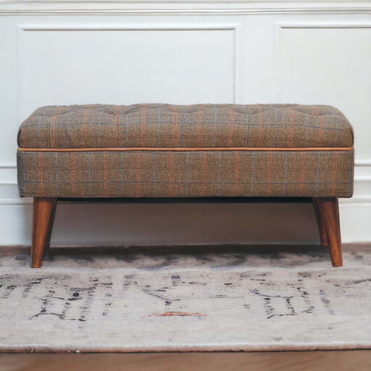 Solid Mango Wood Chestnut Finished Multi Tweed Piped Upholstered Bench