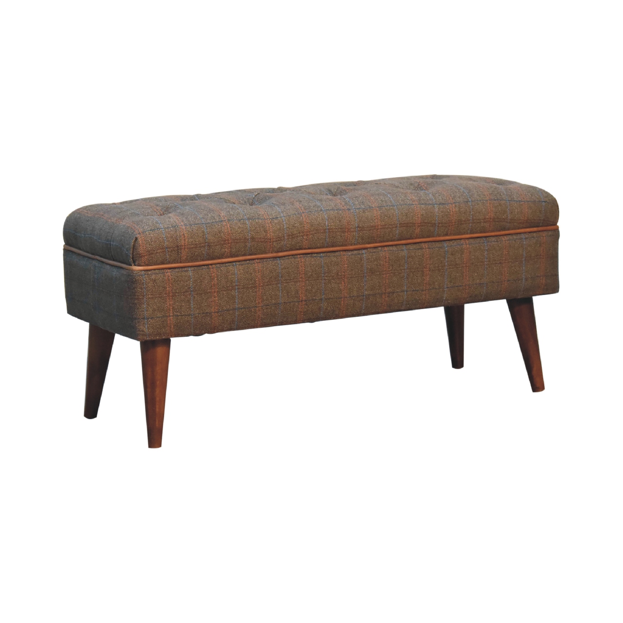 Solid Mango Wood Chestnut Finished Multi Tweed Piped Upholstered Bench - Image 2