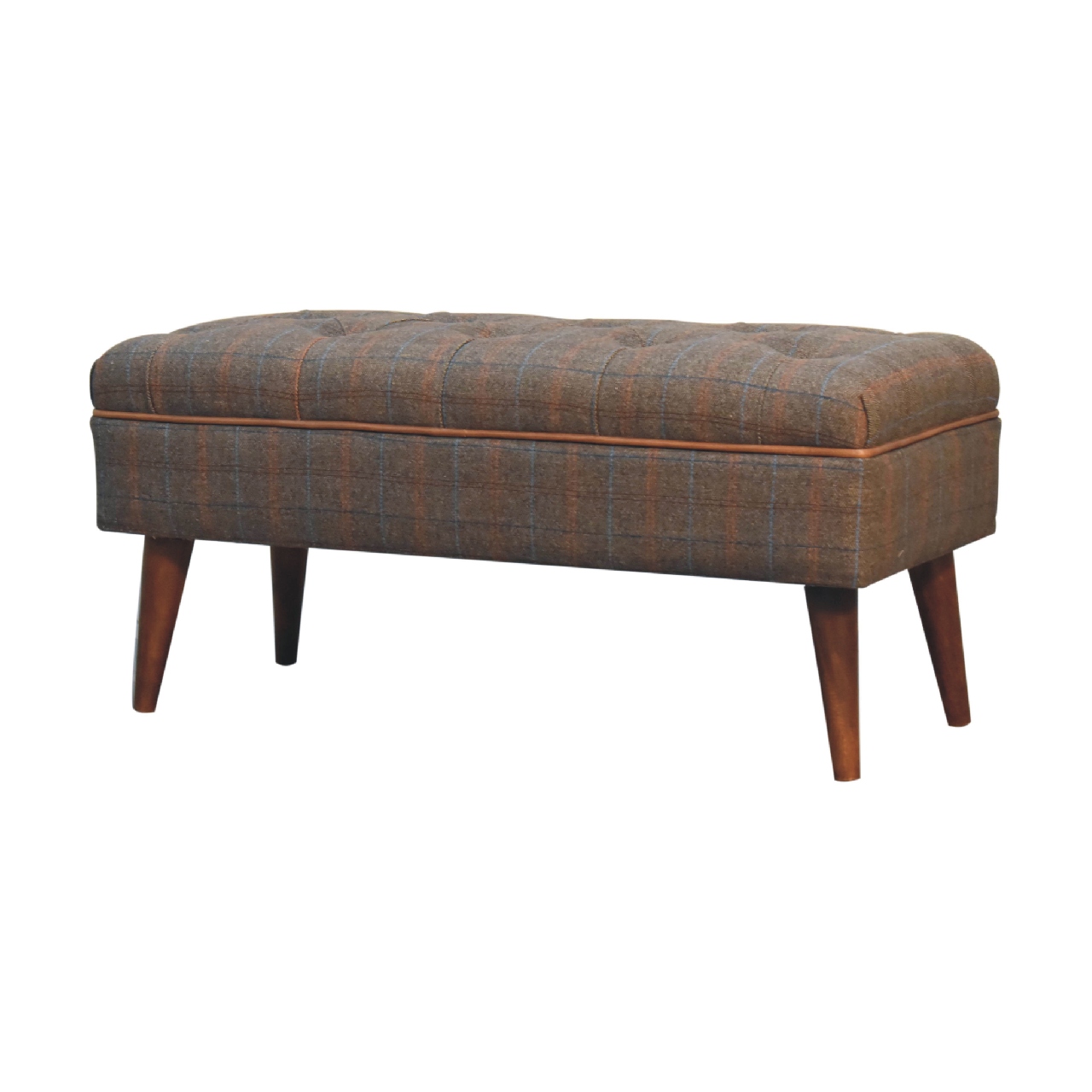 Solid Mango Wood Chestnut Finished Multi Tweed Piped Upholstered Bench - Image 3