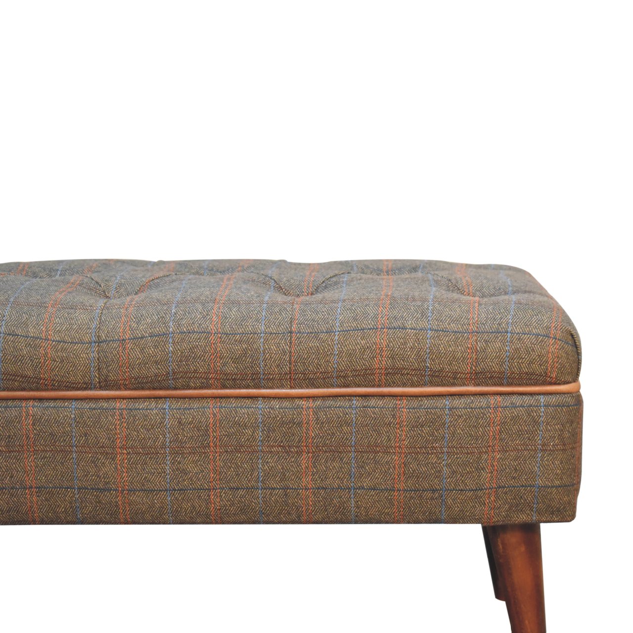 Solid Mango Wood Chestnut Finished Multi Tweed Piped Upholstered Bench - Image 4
