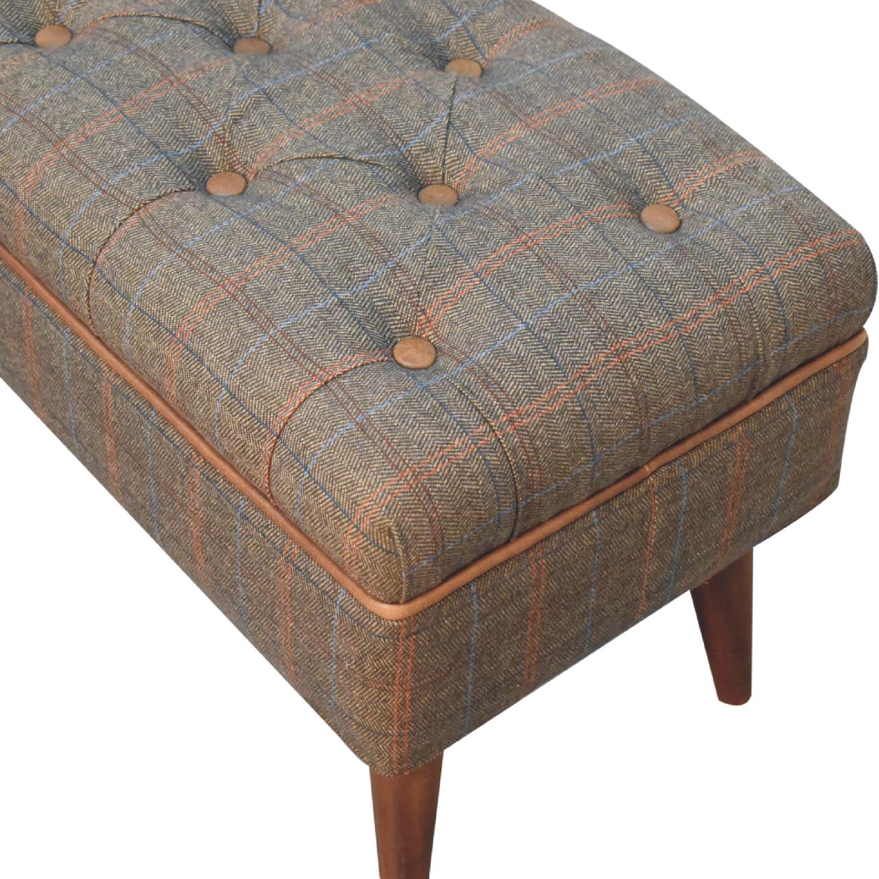 Solid Mango Wood Chestnut Finished Multi Tweed Piped Upholstered Bench - Image 5