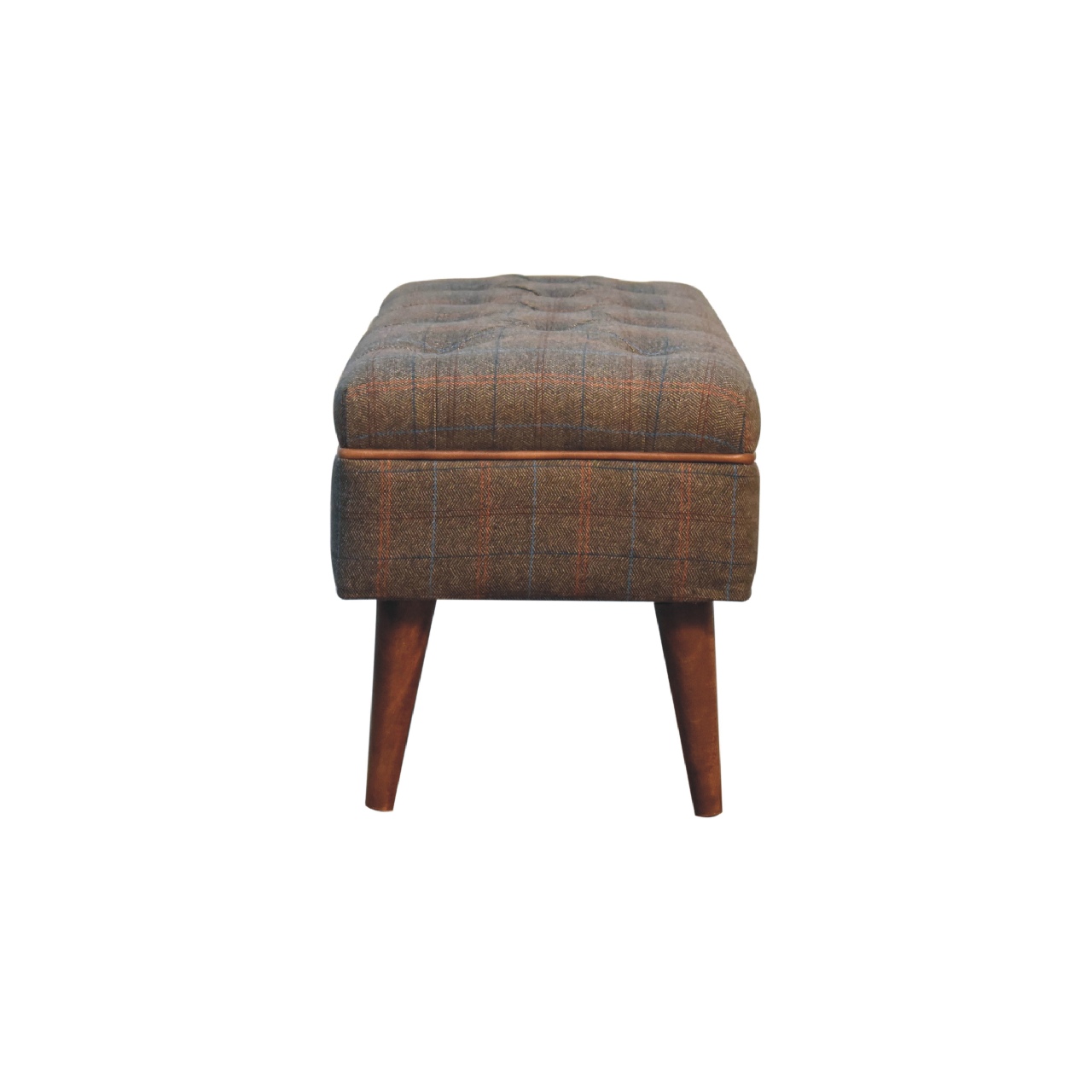 Solid Mango Wood Chestnut Finished Multi Tweed Piped Upholstered Bench - Image 7