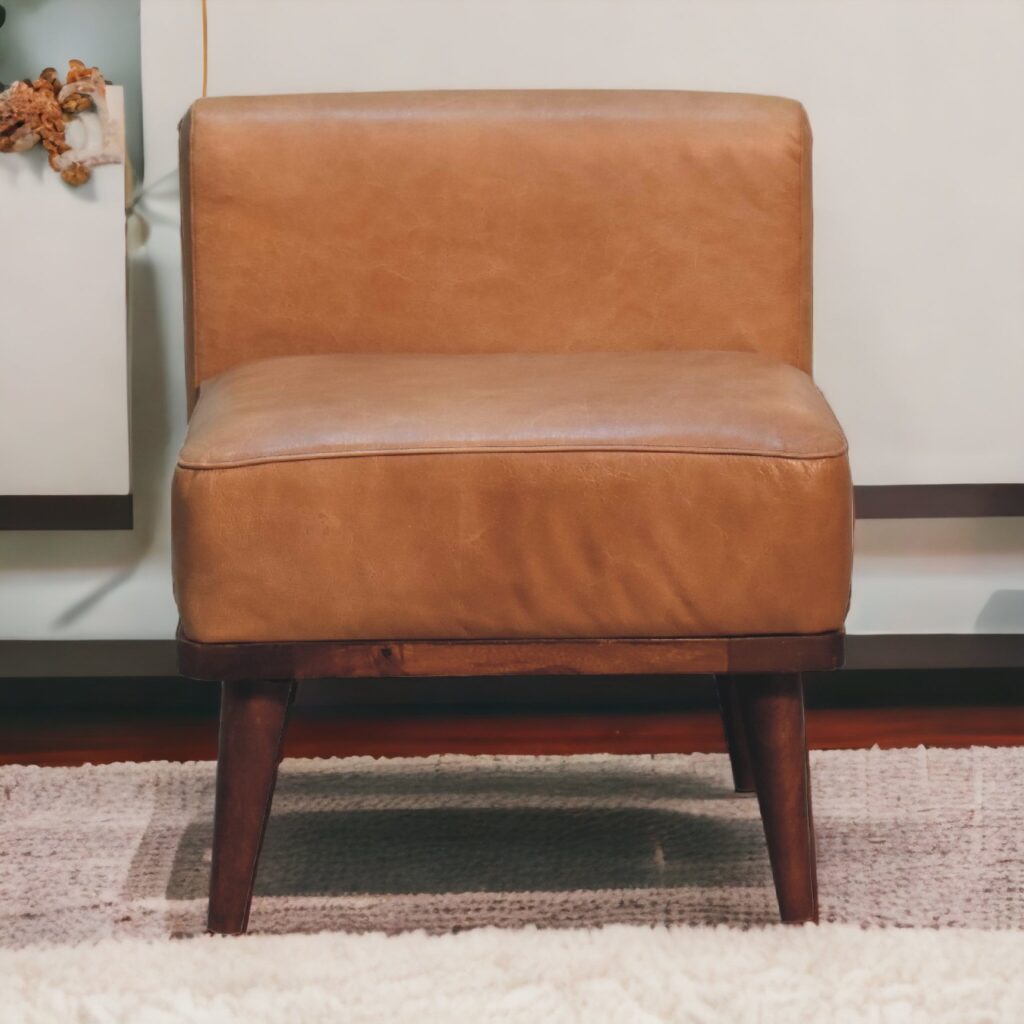 Solid Mango Wood Tan Leather Upholstered Chair