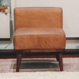 Solid Mango Wood Tan Leather Upholstered Chair