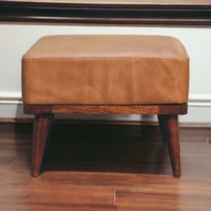 Solid Mango Wood Tan Leather Footstool