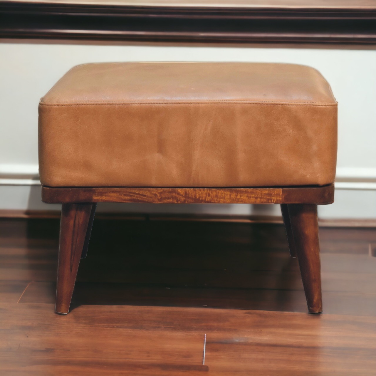 Solid Mango Wood Tan Leather Footstool