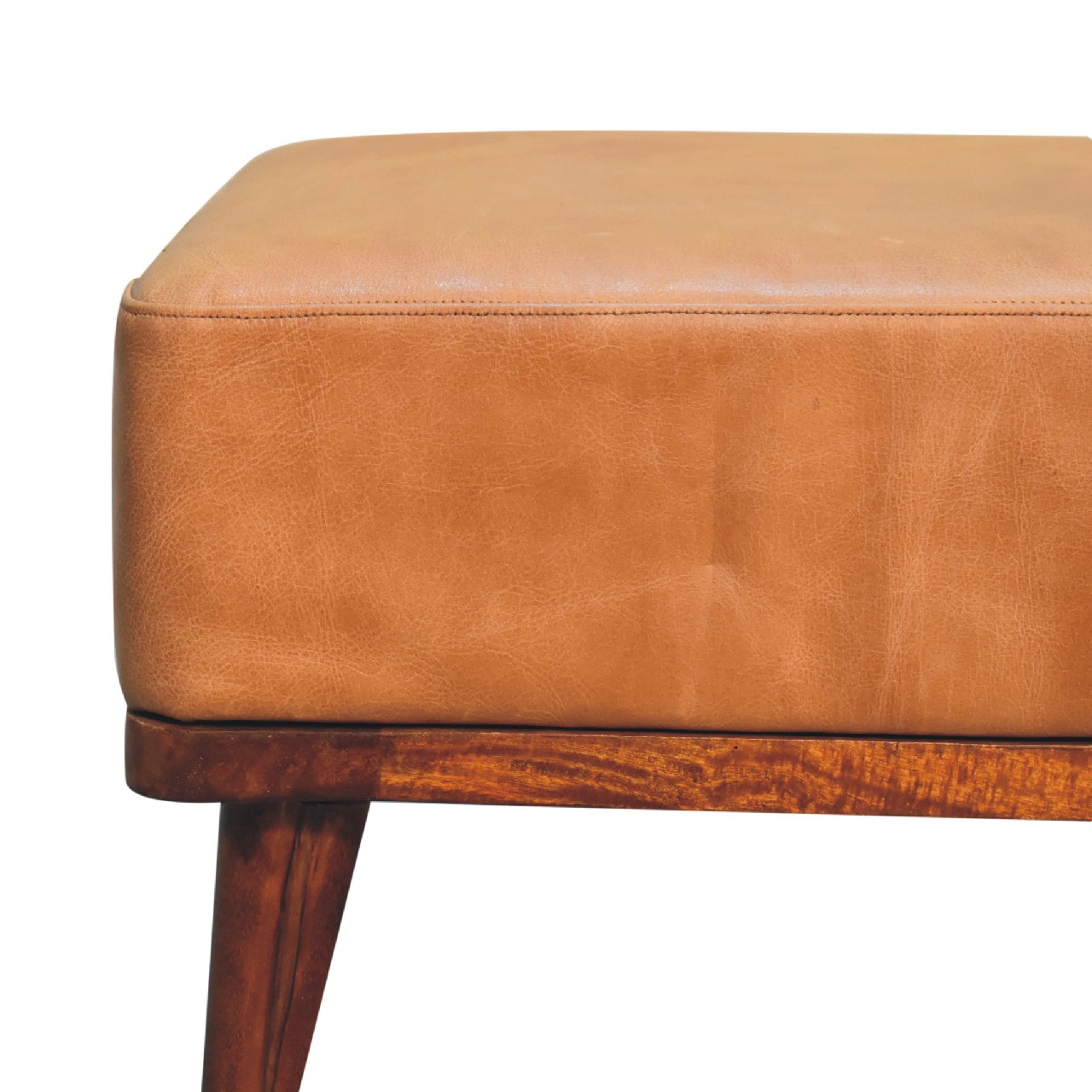 Solid Mango Wood Tan Leather Footstool - Image 4