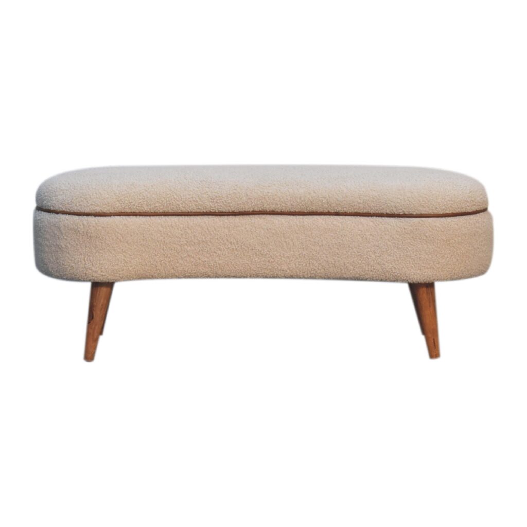 Solid Mango Wood Cream Boucle Upholstered Bench with Leather Piping