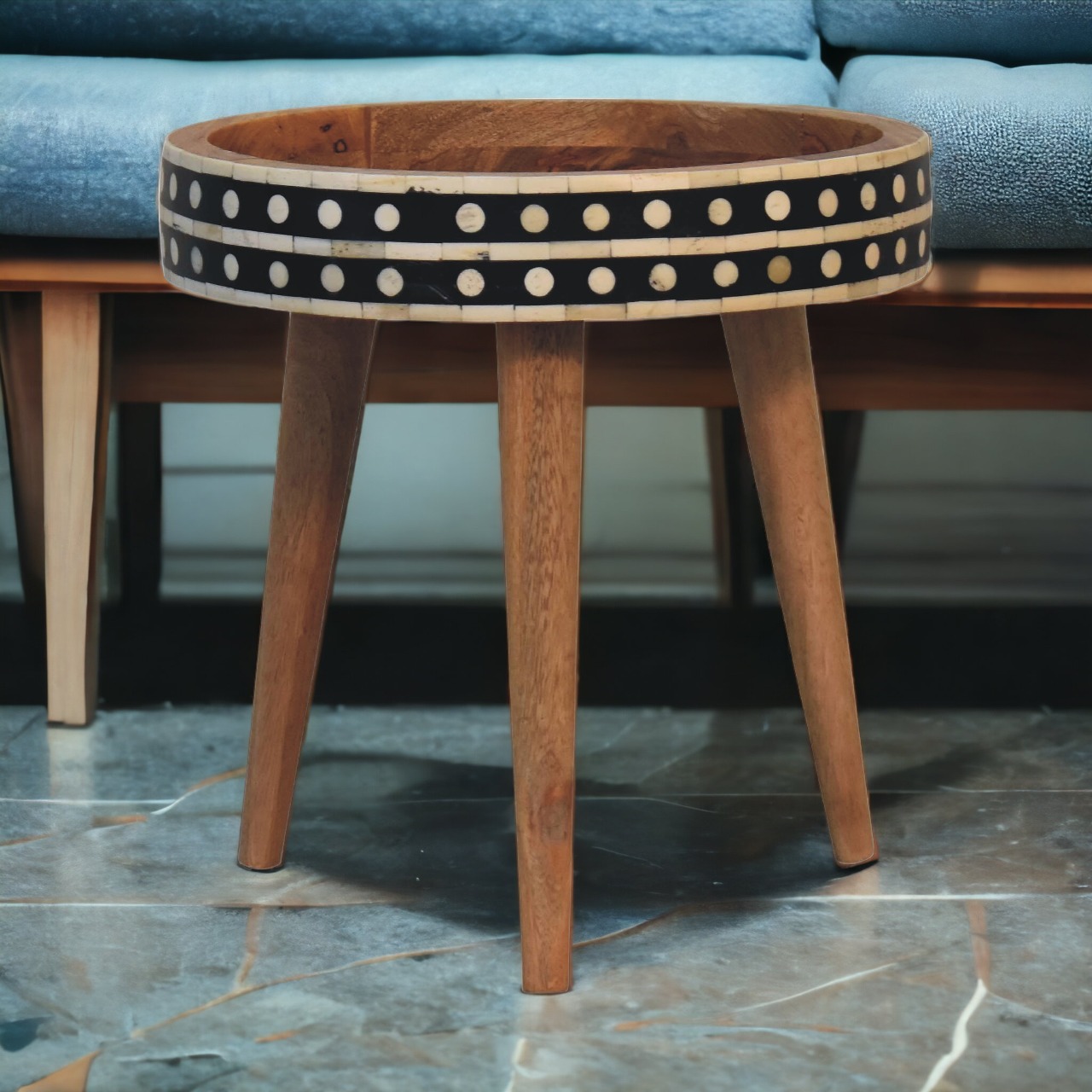 Solid Mango Wood Oak Finished Bone Inlay End Table