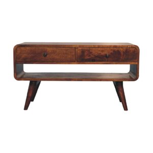 Solid Mango Wood Chestnut Finished 2 Drawer Reverse Curved Media Unit