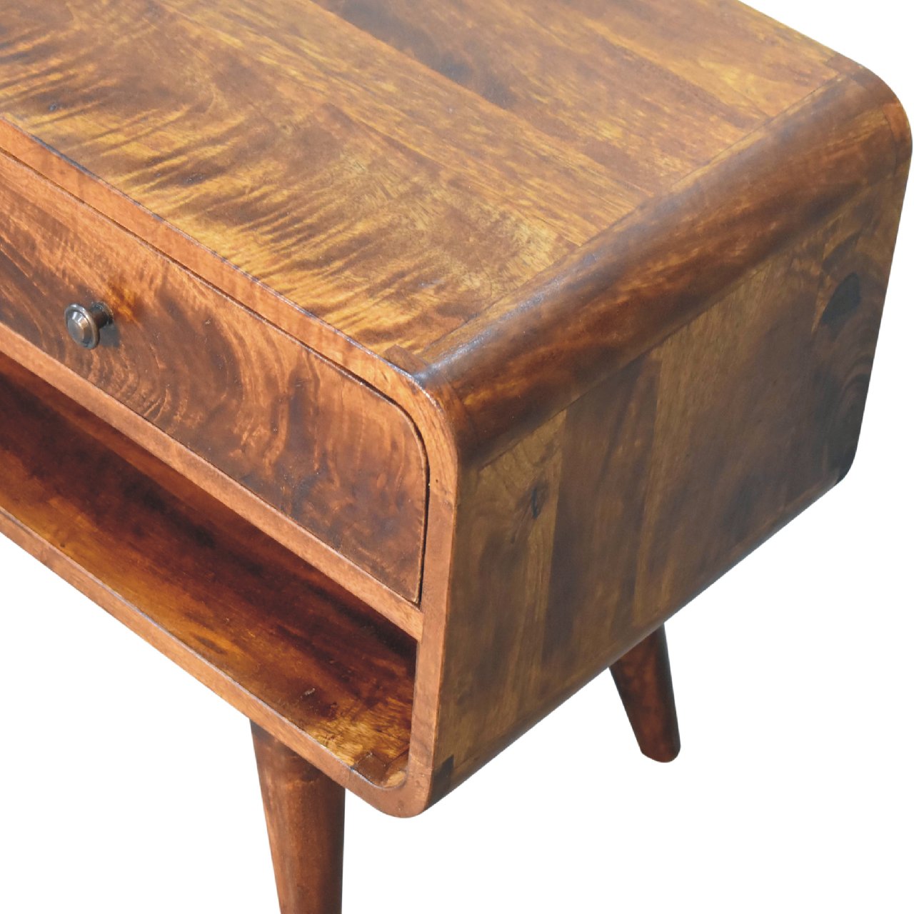 Solid Mango Wood Chestnut Finished 2 Drawer Reverse Curved Media Unit - Image 6