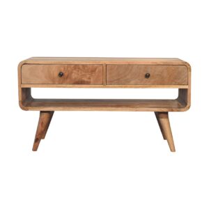 Solid Mango Wood Oak Finished 2 Drawer Reverse Curve Media Unit