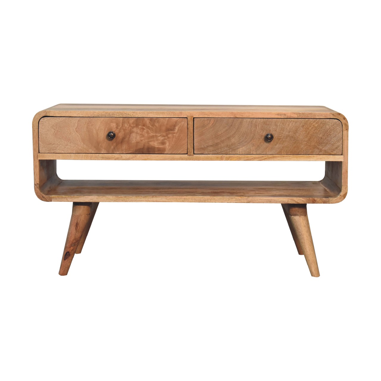 Solid Mango Wood Oak Finished 2 Drawer Reverse Curve Media Unit