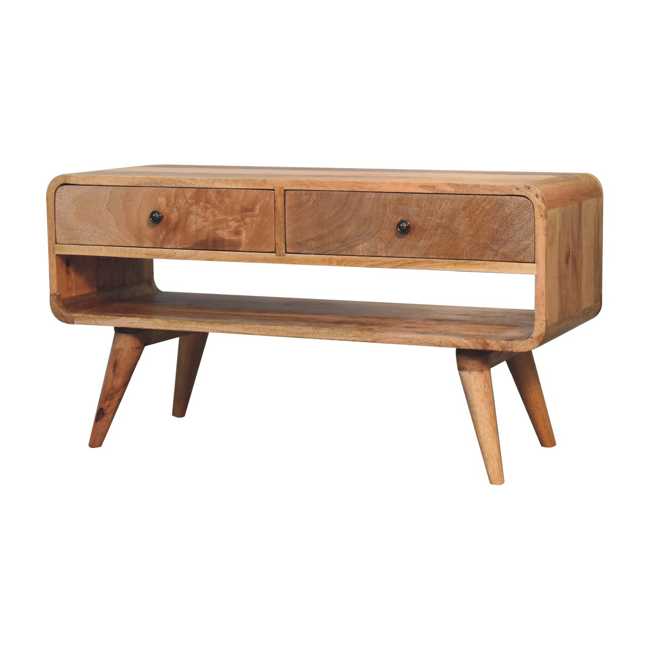 Solid Mango Wood Oak Finished 2 Drawer Reverse Curve Media Unit - Image 2