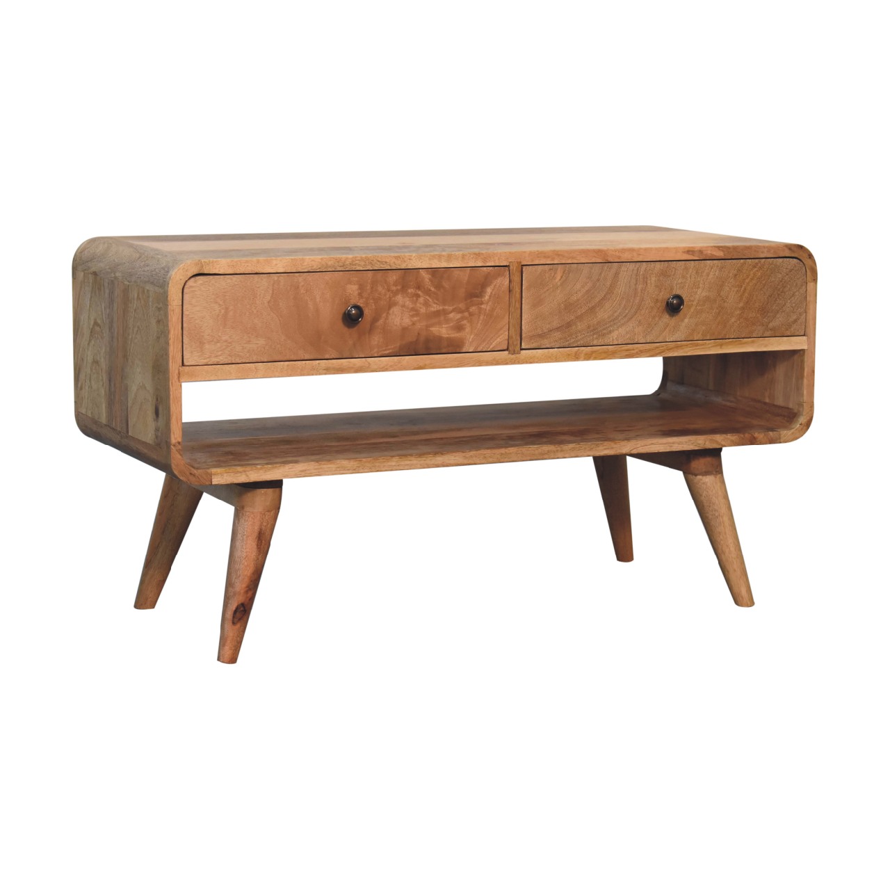 Solid Mango Wood Oak Finished 2 Drawer Reverse Curve Media Unit - Image 3