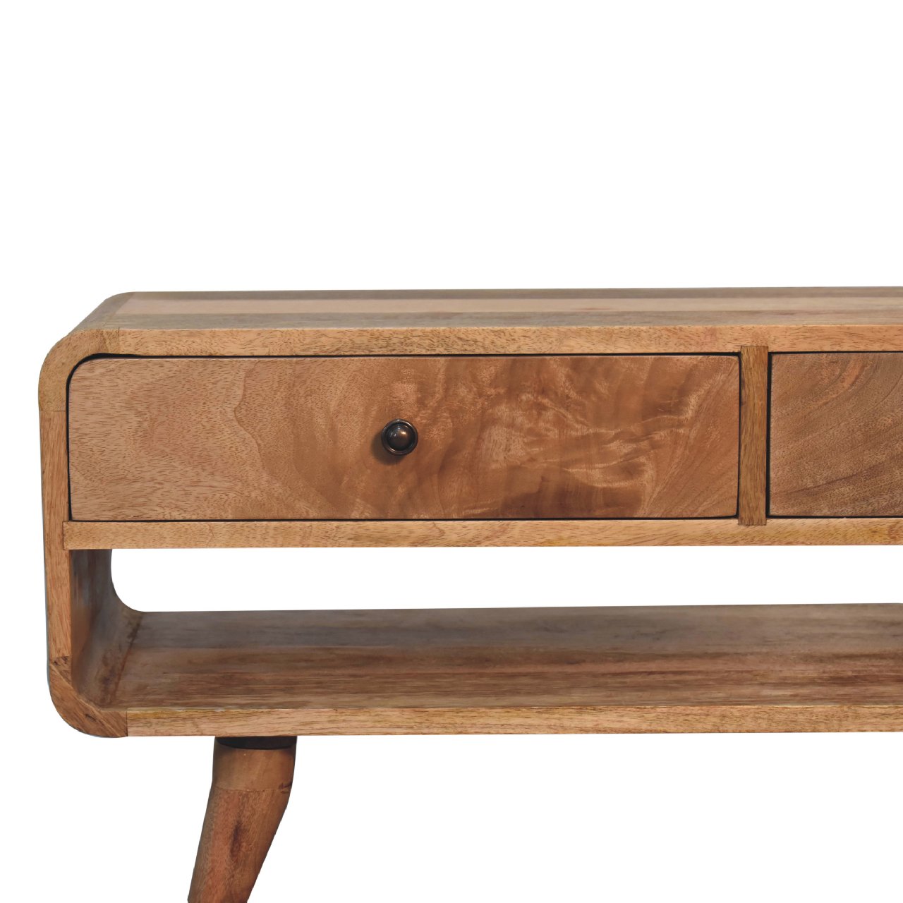 Solid Mango Wood Oak Finished 2 Drawer Reverse Curve Media Unit - Image 4