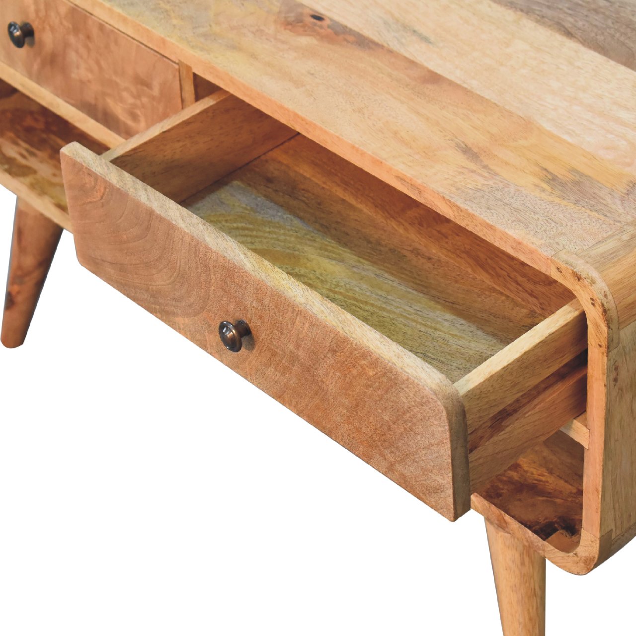 Solid Mango Wood Oak Finished 2 Drawer Reverse Curve Media Unit - Image 6