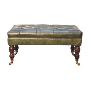 Solid Mango Wood California Walnut Finished Green Leather Ottoman with Castor Legs