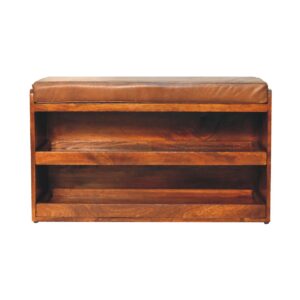 Solid Mango Wood Chestnut Finished Brown Leather Upholstered Shoe Bench