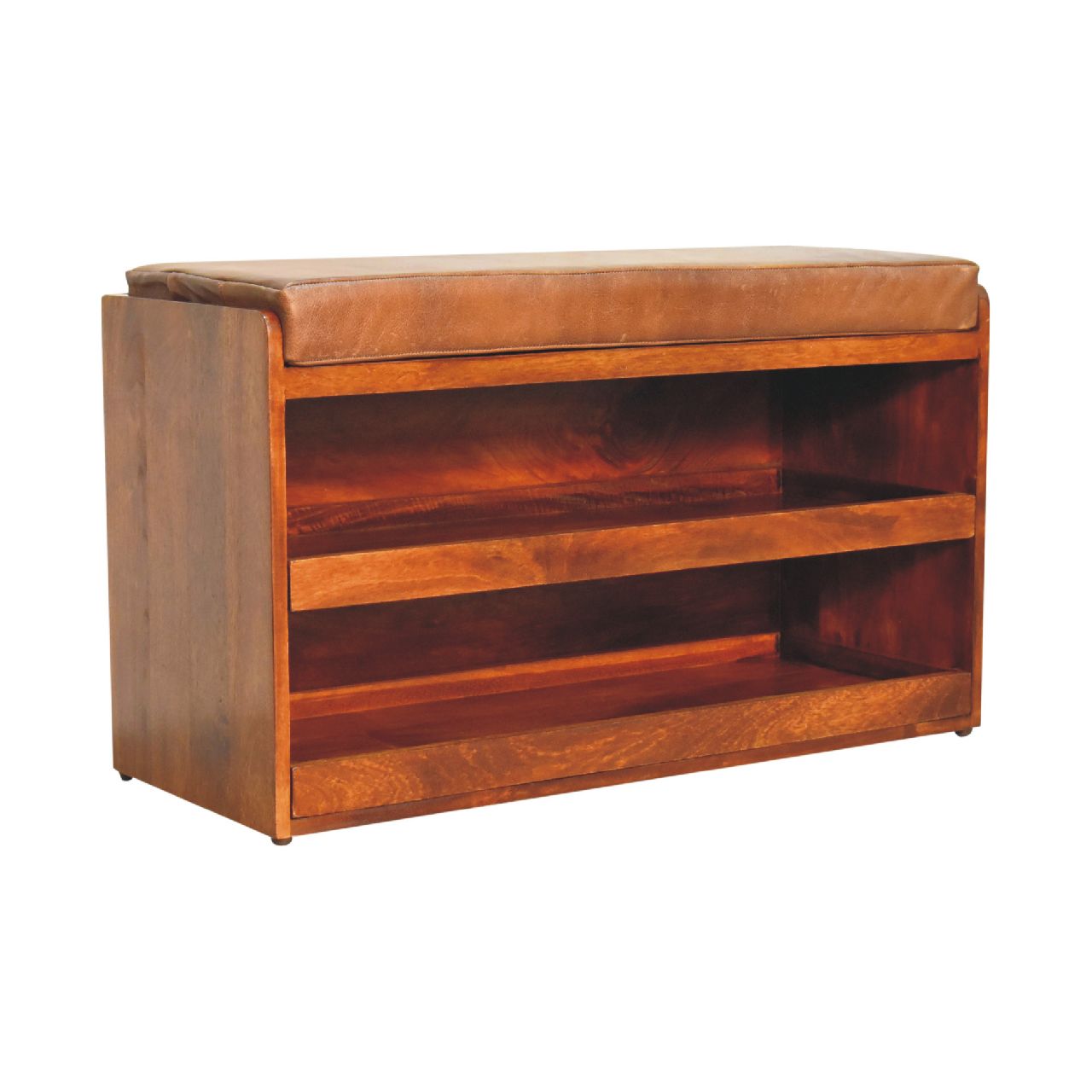 Solid Mango Wood Chestnut Finished Brown Leather Upholstered Shoe Bench - Image 2
