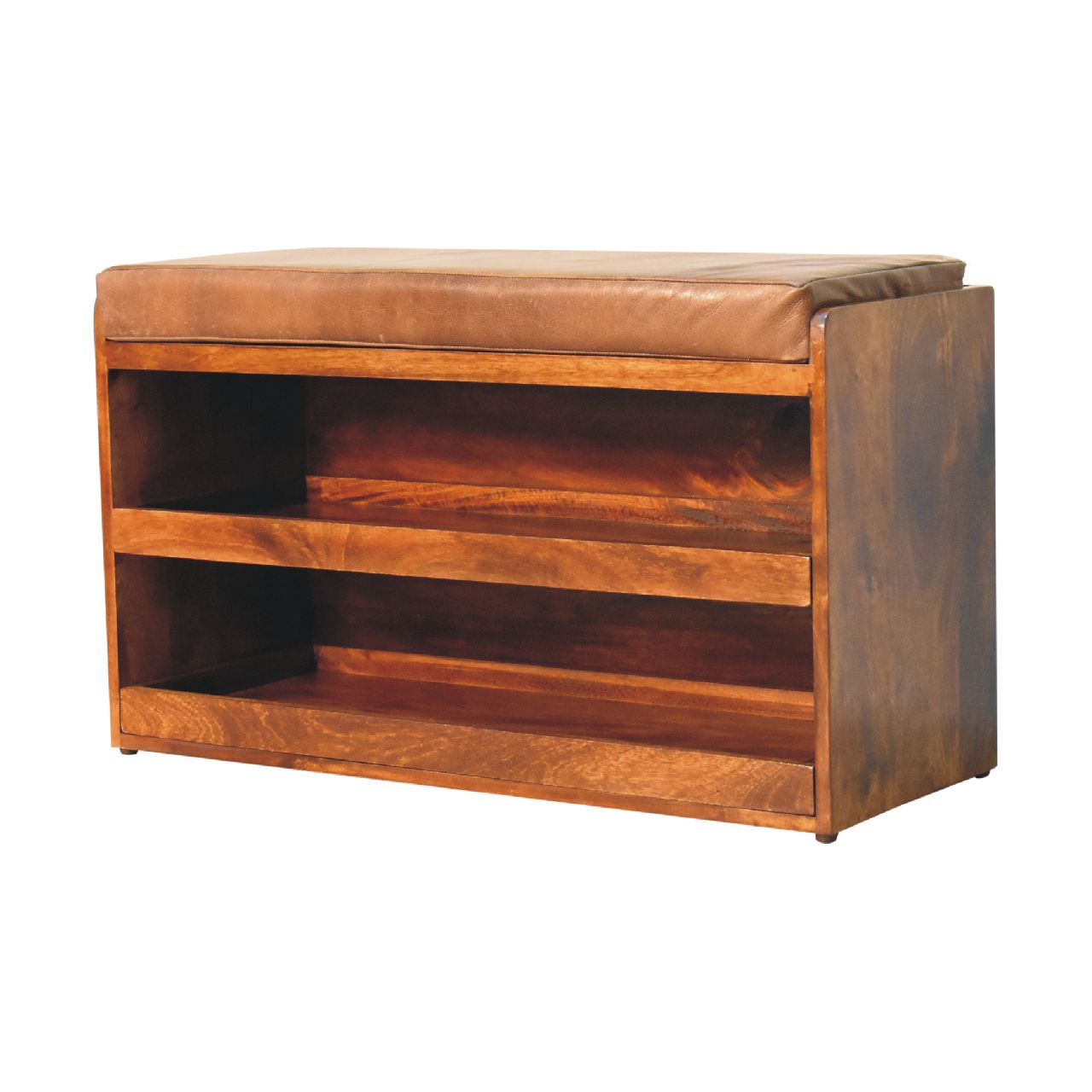Solid Mango Wood Chestnut Finished Brown Leather Upholstered Shoe Bench - Image 3