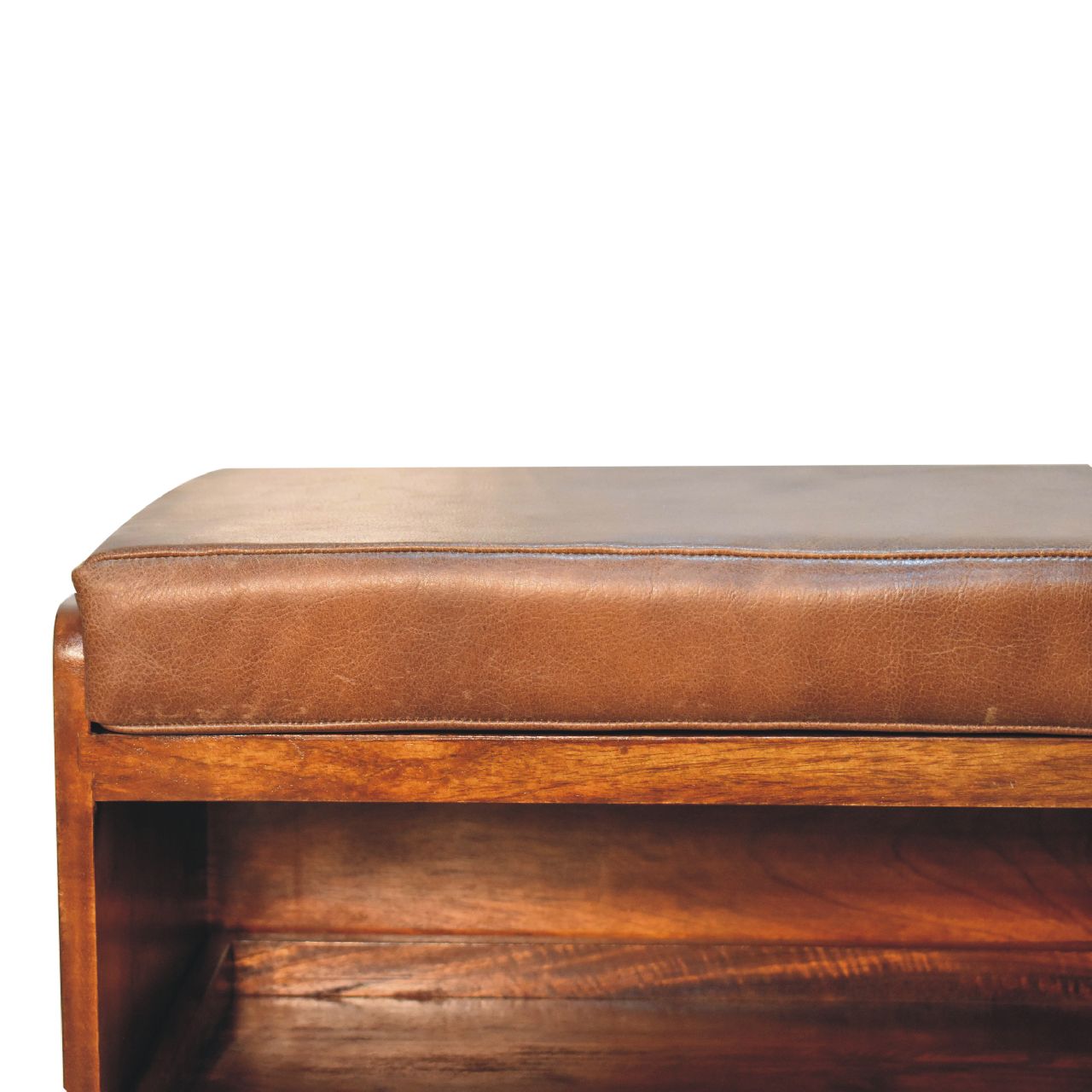 Solid Mango Wood Chestnut Finished Brown Leather Upholstered Shoe Bench - Image 4