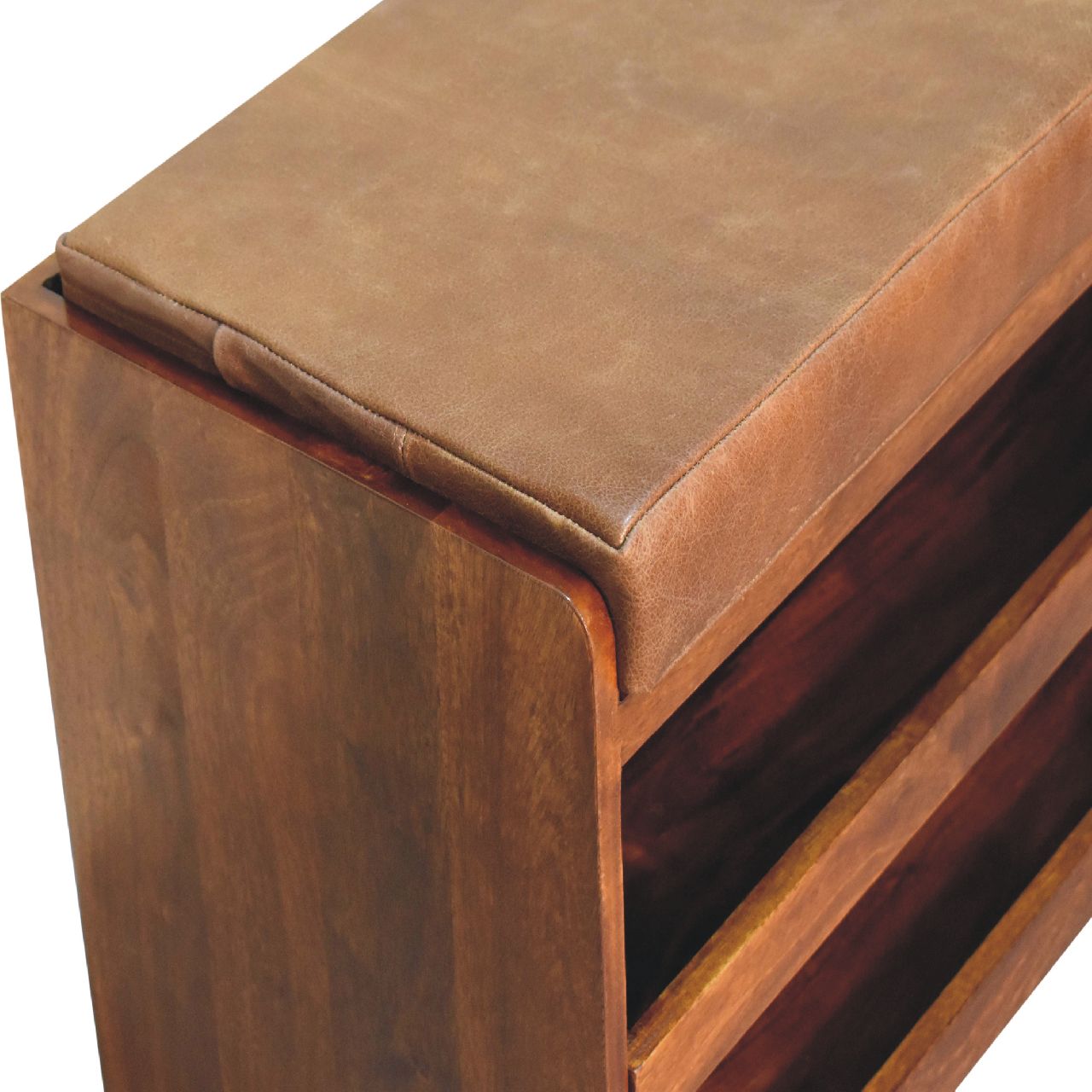 Solid Mango Wood Chestnut Finished Brown Leather Upholstered Shoe Bench - Image 5
