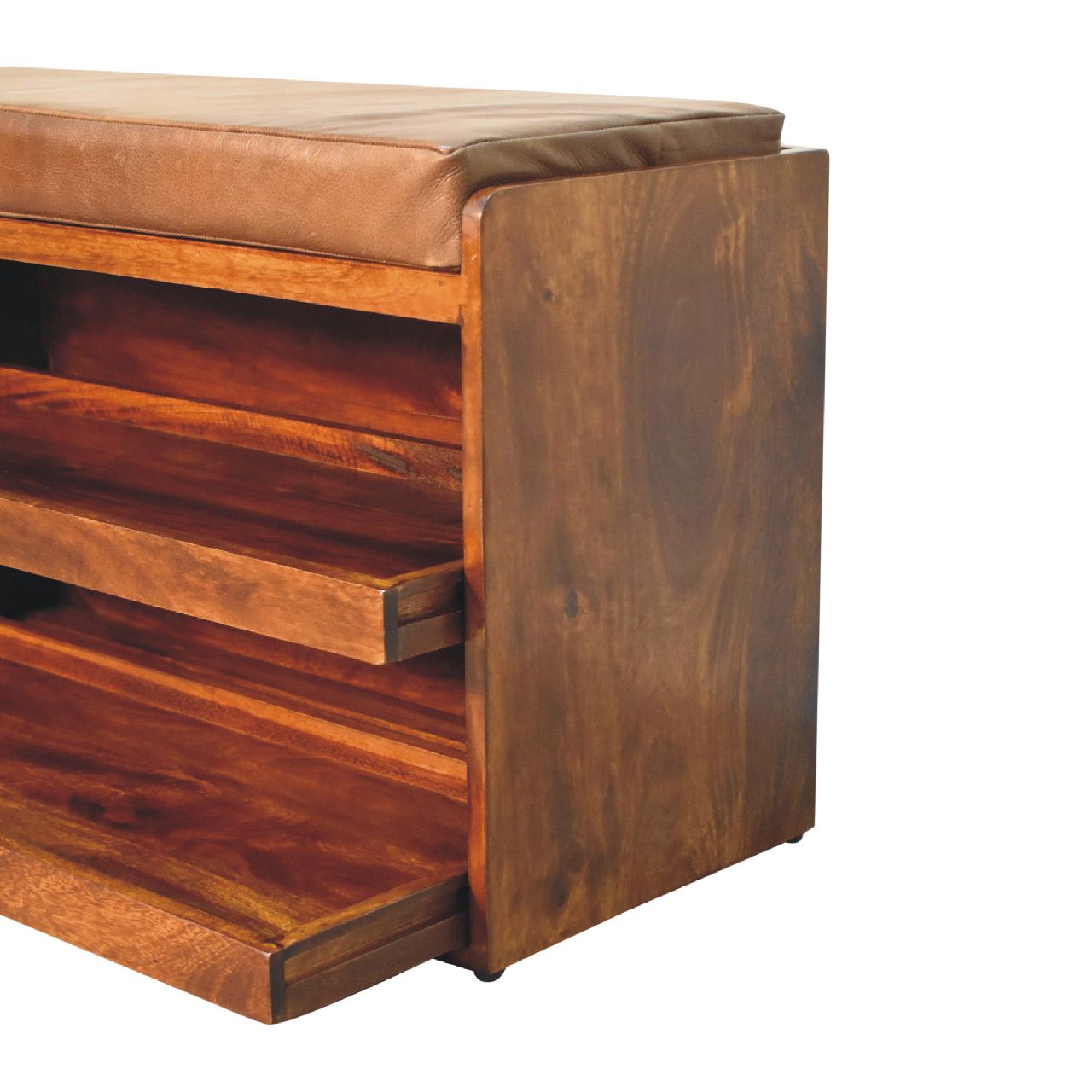 Solid Mango Wood Chestnut Finished Brown Leather Upholstered Shoe Bench - Image 6