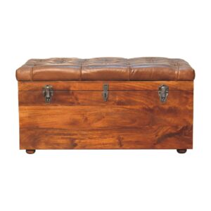 Solid Mango Wood Chestnut Finished Brown Leather Storage Trunk