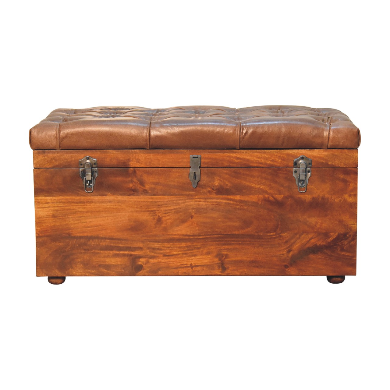 Solid Mango Wood Chestnut Finished Brown Leather Storage Trunk