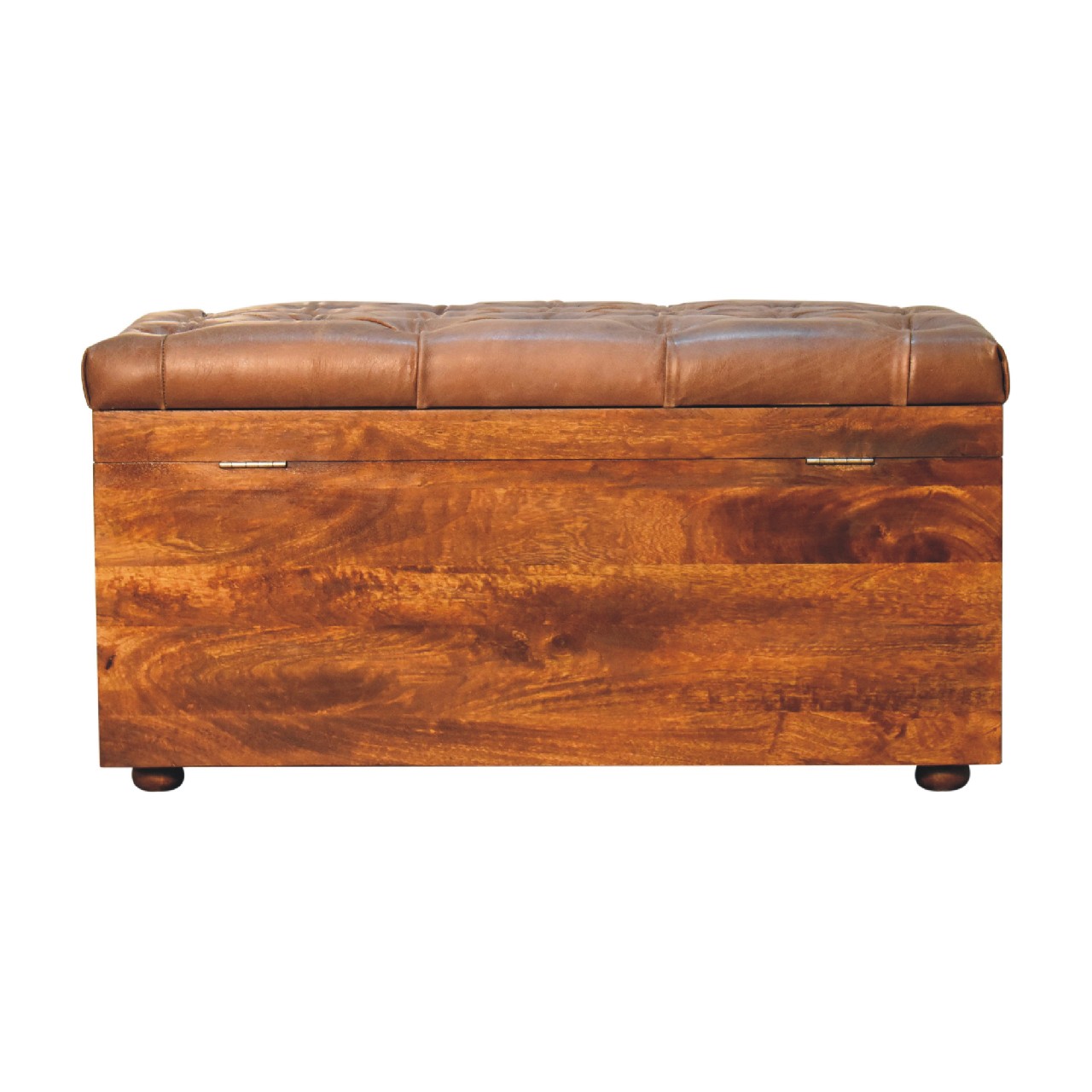 Solid Mango Wood Chestnut Finished Brown Leather Storage Trunk - Image 10