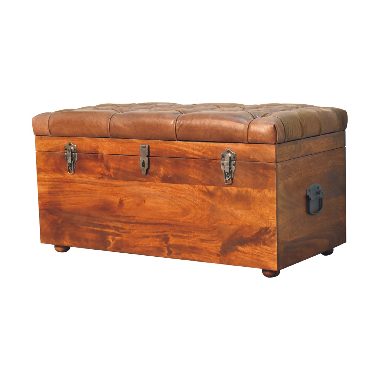 Solid Mango Wood Chestnut Finished Brown Leather Storage Trunk - Image 2