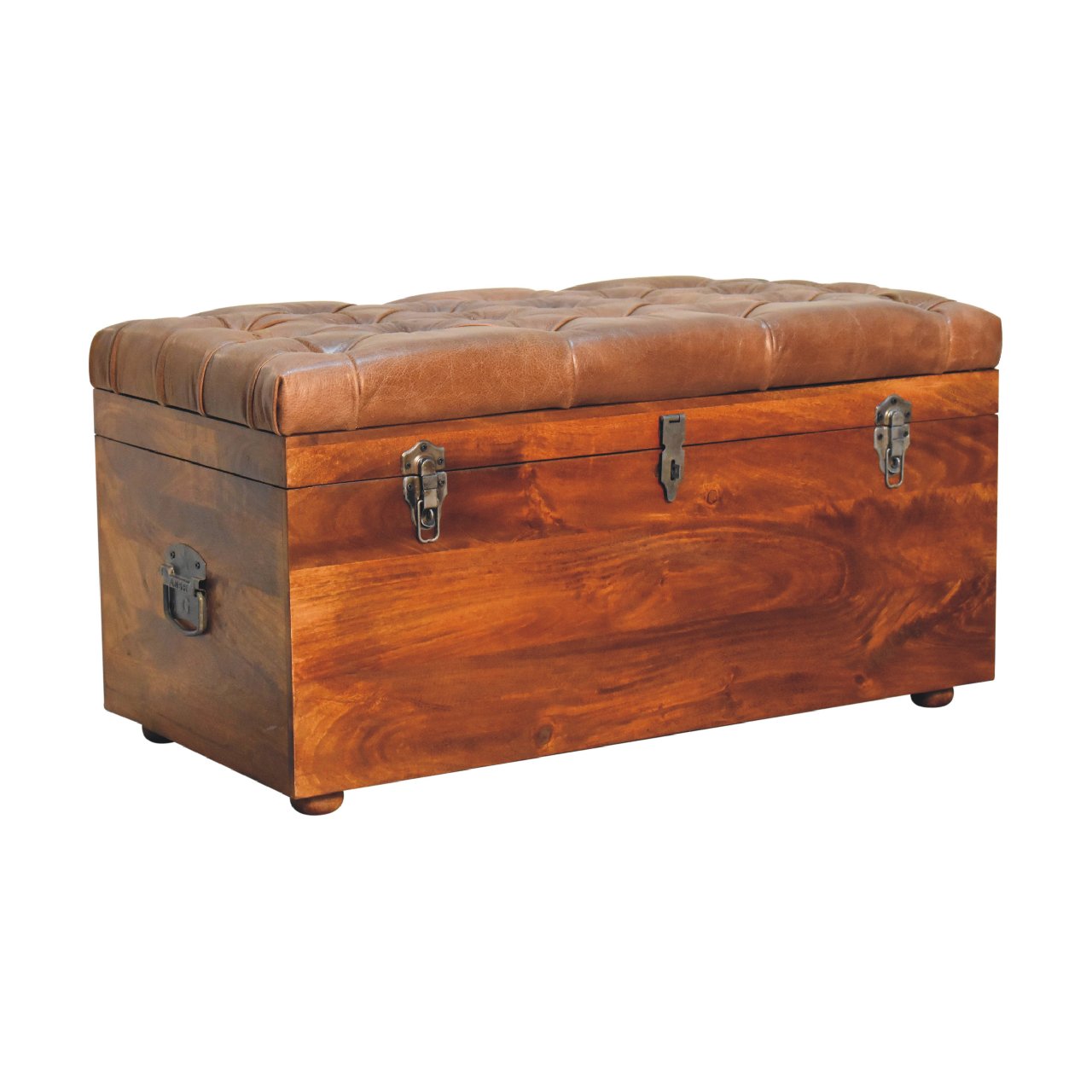 Solid Mango Wood Chestnut Finished Brown Leather Storage Trunk - Image 3