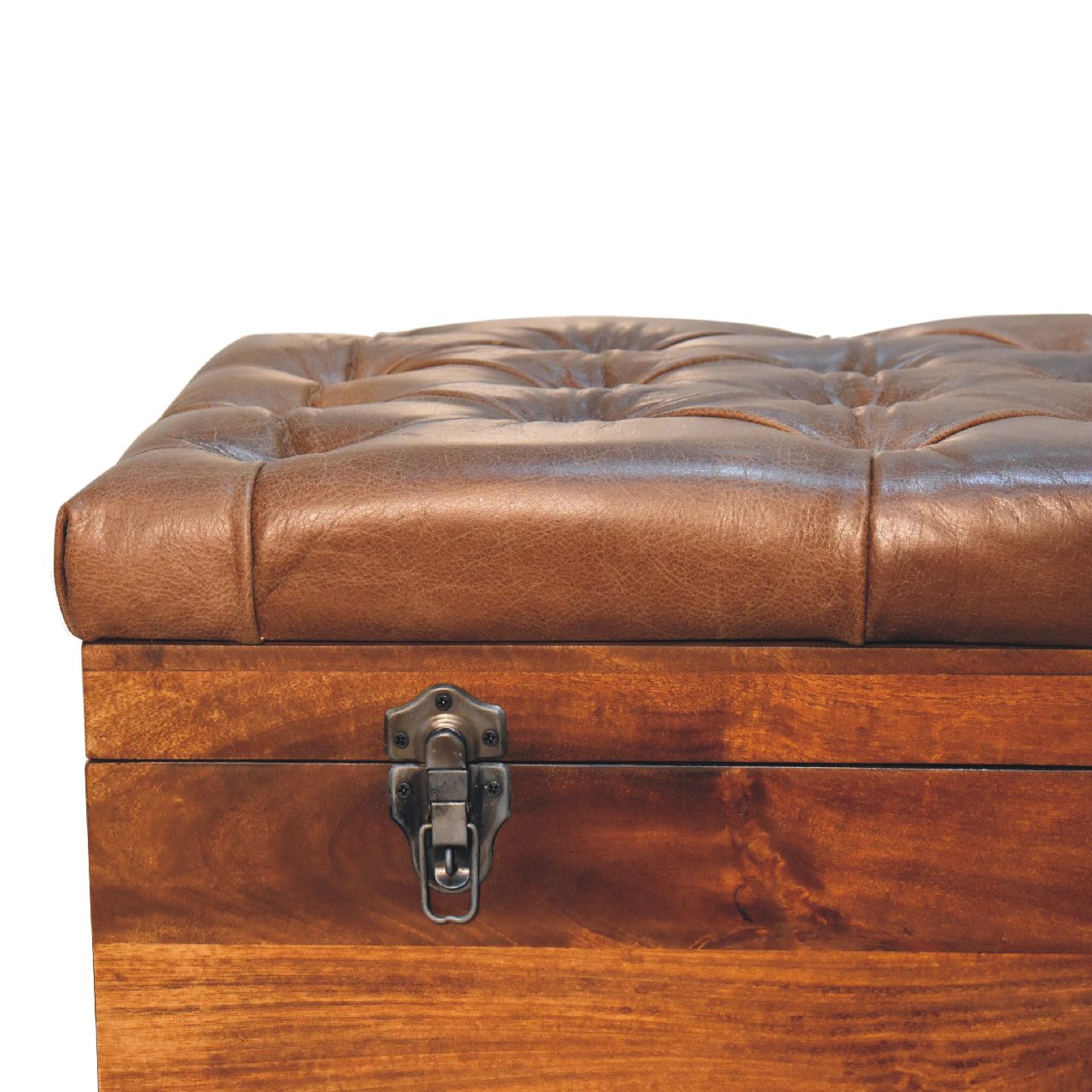 Solid Mango Wood Chestnut Finished Brown Leather Storage Trunk - Image 4