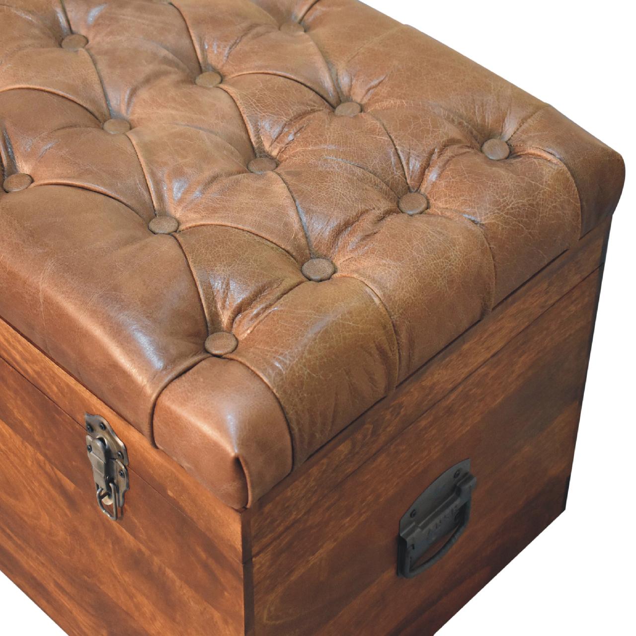 Solid Mango Wood Chestnut Finished Brown Leather Storage Trunk - Image 5