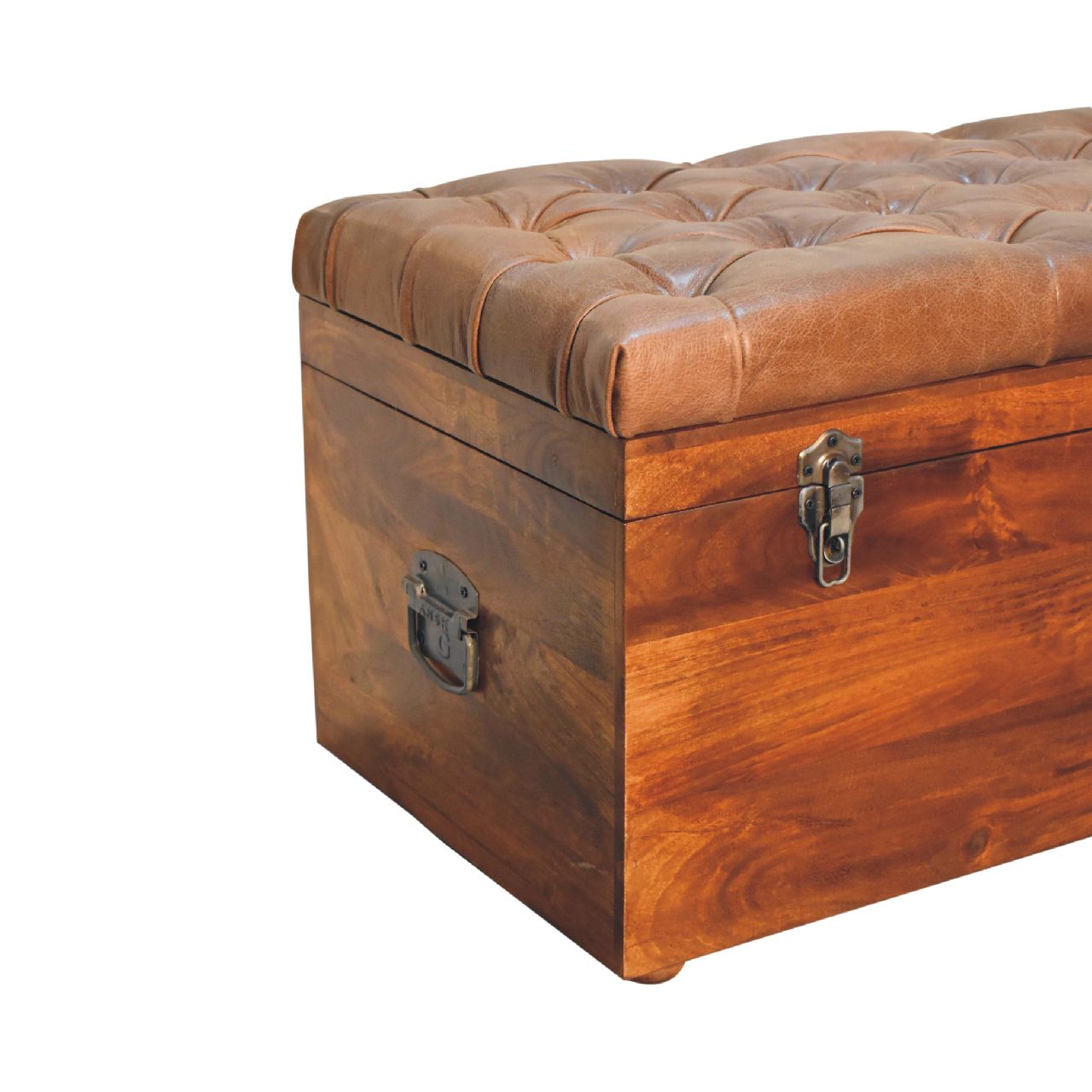 Solid Mango Wood Chestnut Finished Brown Leather Storage Trunk - Image 6
